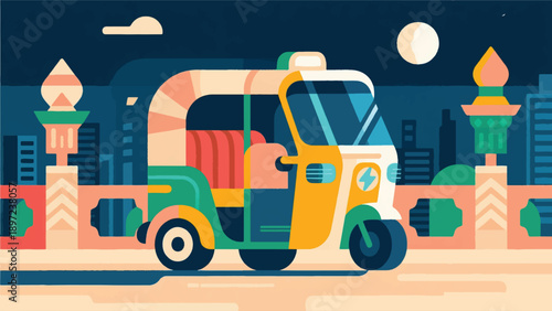 Illustration Of Traditional Vehicles Combined With Modern Technology, City Background And Simple Cultural Elements Vector Design Template
