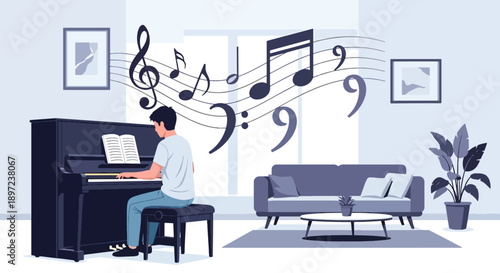 Modern vector illustration of man playing piano, expressing musical discipline, emotional expression, technical skill, creative passion, and artistic hobby lifestyle