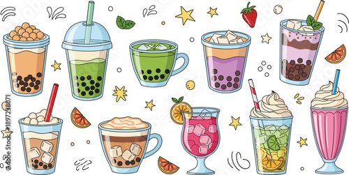 Hand Drawn Boba, Milkshake, and Fruit Drink Illustrations