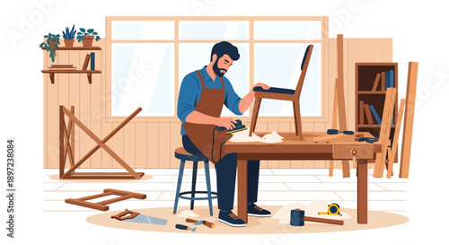 Modern vector illustration of man building wooden furniture, highlighting craftsmanship, creativity, manual skills, patience, and traditional hobby lifestyle