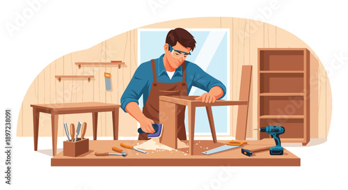 Modern vector illustration of man building wooden furniture, highlighting craftsmanship, creativity, manual skills, patience, and traditional hobby lifestyle