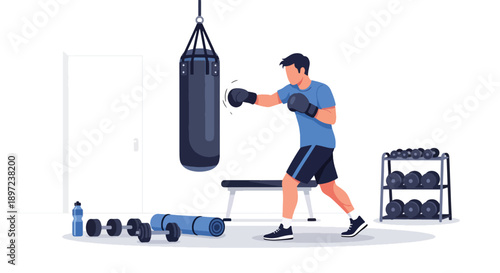 Modern vector illustration of man practicing boxing, representing strength training, discipline, endurance, confidence building, and active fitness hobby lifestyle