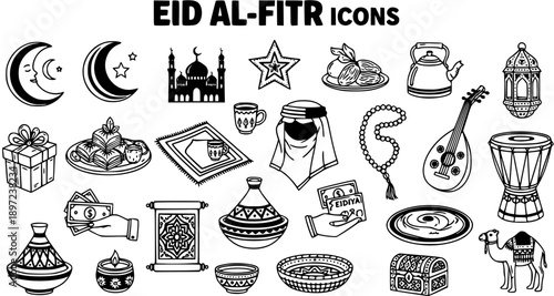 Black  White Line Art Icons for Eid al-Fitr Celebration. Hand-drawn Collection of Islamic Symbols, Objects, and Traditional Elements for Religious Holiday.