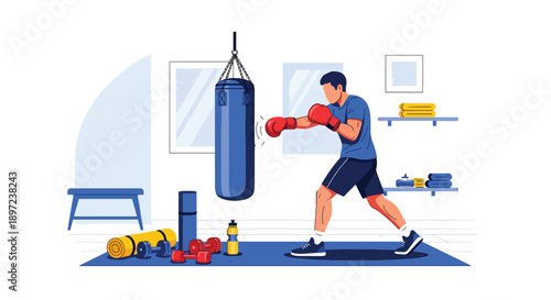 Modern vector illustration of man practicing boxing, representing strength training, discipline, endurance, confidence building, and active fitness hobby lifestyle
