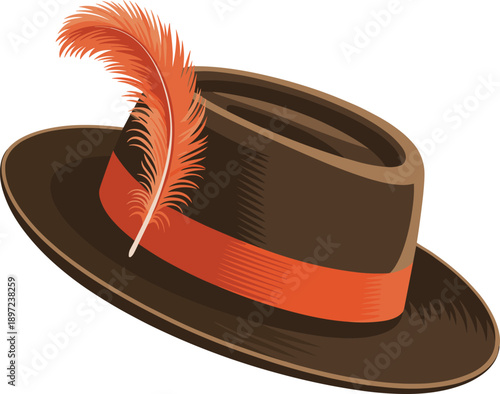 Vintage brown fedora hat with orange band and feather, classic retro fashion accessory illustration isolated on clean background design
