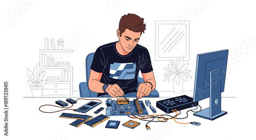 Flat vector illustration of man assembling computer parts, highlighting technical knowledge, problem solving skills, hardware passion, and DIY technology hobby lifestyle