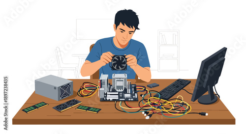 Flat vector illustration of man assembling computer parts, highlighting technical knowledge, problem solving skills, hardware passion, and DIY technology hobby lifestyle