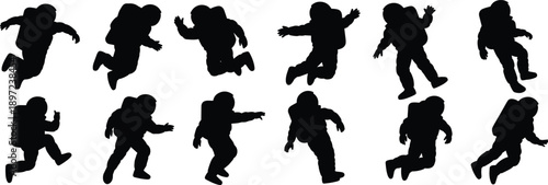 Collection of black silhouette astronaut figures in various dynamic poses against a white background representing space exploration and zero gravity movement