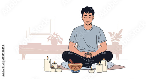 Flat vector illustration of man practicing meditation with singing bowl, representing mindfulness training, emotional balance, stress relief, and spiritual hobby lifestyle