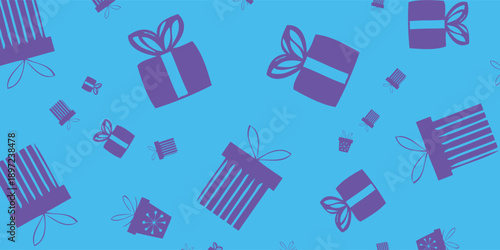 Seamless Pattern of Purple Gift Boxes on a Blue Background.