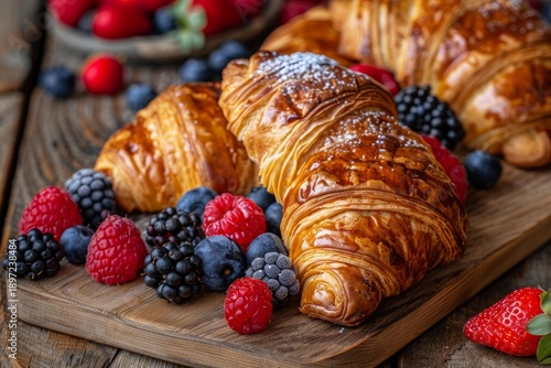 Wallpaper Mural Freshly baked golden brown croissants dusted with powdered sugar are served on a wooden board with assorted fresh and frozen berries Torontodigital.ca