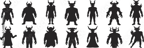 Collection of dark fantasy demon creature silhouettes with horns and armor in menacing poses for horror and mythical themes