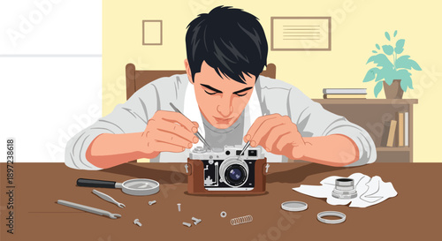 Flat vector illustration of man repairing vintage camera, expressing technical precision, collector interest, mechanical skills, and restoration hobby lifestyle