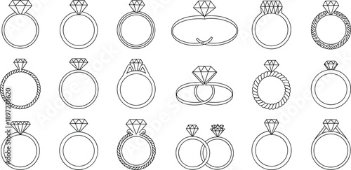 Diamond engagement ring outline collection, luxury jewelry wedding symbols, gemstone solitaire designs, romantic marriage accessories, vector line illustration isolated set