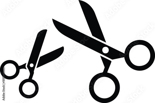 Minimalist Black-and-White Tailoring or Hairdressing Emblem, Pair of Open Scissors Silhouette Graphic, Monochrome Shears Icons in Two Different Sizes.