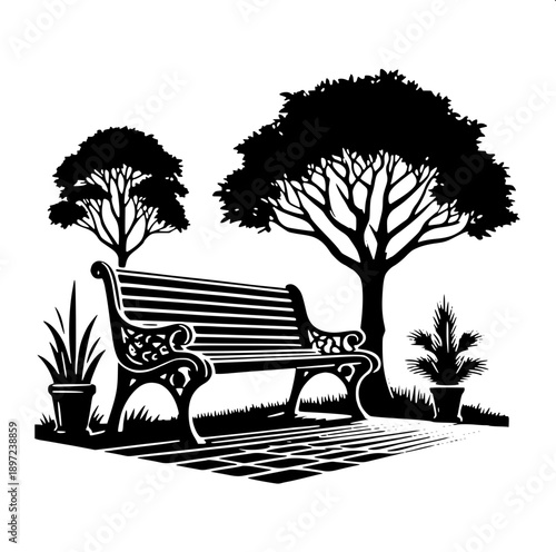 Minimal black silhouette park bench with decorative metal armrests, two trees behind, small plants in pots, grass ground, white background, flat vector