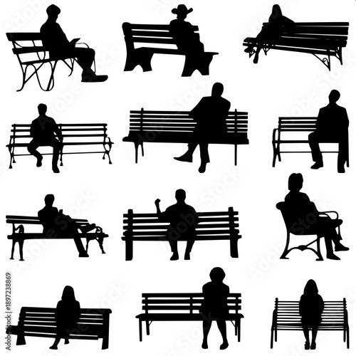 Minimal black silhouette park bench with decorative metal armrests, two trees behind, small plants in pots, grass ground, white background, flat vector