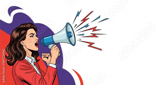 Woman Shouting into Megaphone in Comic Pop Art Style