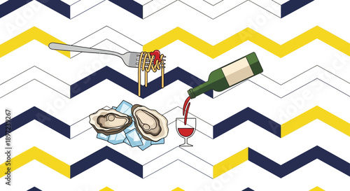 gourmet italian seafood meal with fresh oysters on ice spaghetti pasta on fork and red wine pouring into glass.