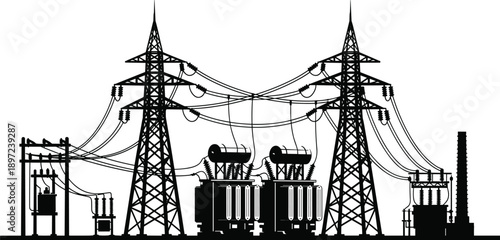 Electric power substation silhouette, high voltage transmission towers with transformers, electricity distribution infrastructure, utility energy network, black and white industrial power illustration