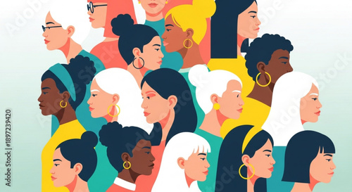 Diverse Group of Women Together, Multiethnic Female Community, Flat Design Illustration