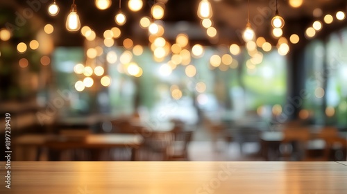 A blurred background of a restaurant with warm lighting and a wooden table in the foreground