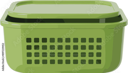 Green plastic storage basket with lid isolated, household organizer container for laundry, kitchen, bathroom, home storage solution illustration