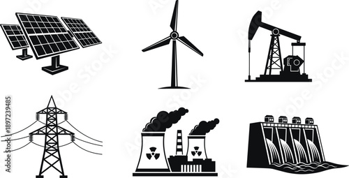 Energy production icons set with solar panels, wind turbine, oil pump, power transmission, nuclear plant and hydroelectric dam, black and white vector illustration