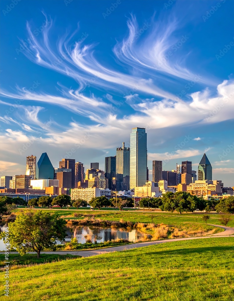 Fototapeta premium City skyline amidst greenery, under a dramatic, swirling cloudscape
