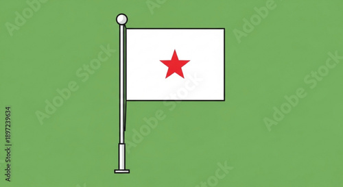 Red Star Flag on Silver Pole against Green Background