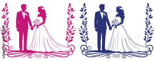 Elegant wedding couple silhouette with floral frame, bride and groom vector illustration for marriage invitation design