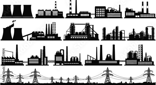 Industrial factory silhouettes, power plant skyline, energy infrastructure illustration, manufacturing buildings, electricity transmission towers, heavy industry landscape, black and white 