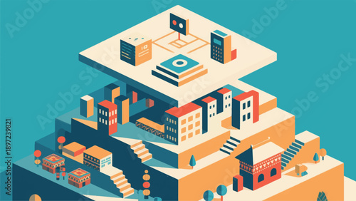 Illustration Of A Multi-Level City, The Bottom Layer Contains Elements Of Traditional Culture And The Top Layer Contains Modern Technology Vector Design Template