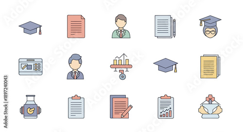 Education Icons Set: Graduation Cap, Document, Businessman, Report, Analytics