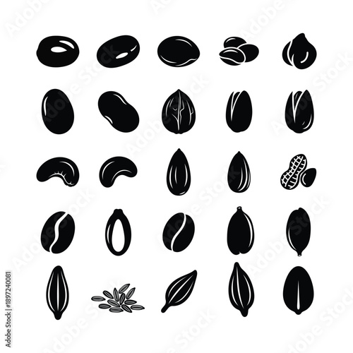  Vector illustration of various seeds, nuts, and beans silhouette icons set.