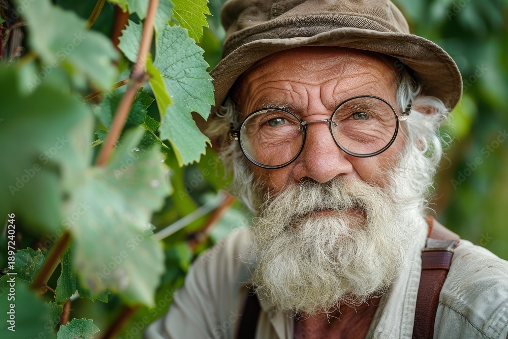 Fototapeta premium Portrait of a senior winemaker with hat and eyeglasses examining grapevines in his vineyard