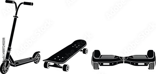 Kick scooter, skateboard, hoverboard black silhouette icons, personal transportation devices set, modern mobility concept, flat vector illustration design