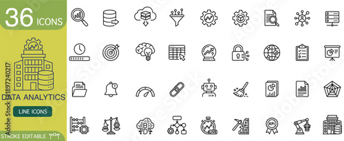 Data analytics line icon set for business and technology. Collection of thin outline symbol for big data analysis, information management, and modern digital concepts. Vector design