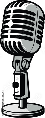 Retro vintage microphone illustration, classic studio audio recording equipment isolated on white background, broadcast music podcast technology design concept