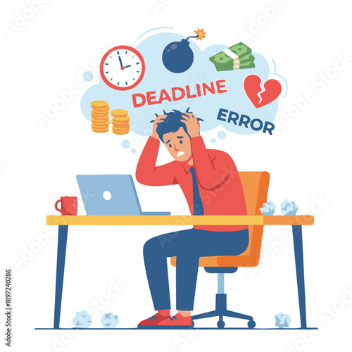 Stressed businessman with laptop and chaotic thought cloud of deadlines errors money and stress, work overload concept, flat vector illustration.
