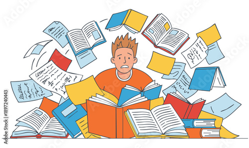 Student overwhelmed by avalanche of flying books and papers, study overload concept, flat vector illustration.
