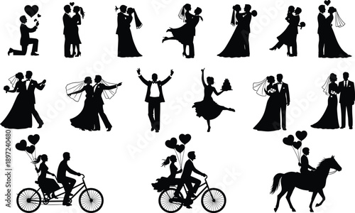 Romantic wedding couple silhouettes collection, love marriage celebration bride groom dancing proposal bicycle ride horse riding black vector illustration isolated