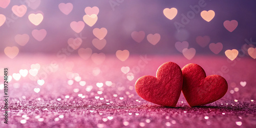 Romantic Red Hearts on Pink Glitter Background