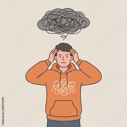 Man stressed with tangled scribble thoughts cloud above head, confusion concept, flat vector illustration.
