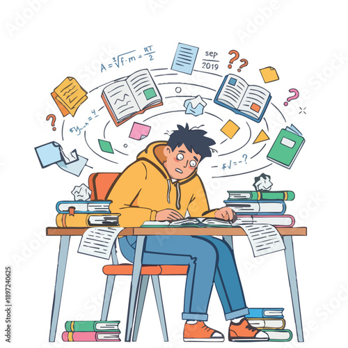 Confused student overwhelmed by flying study materials math and papers at desk, exam preparation stress concept, flat vector illustration.
