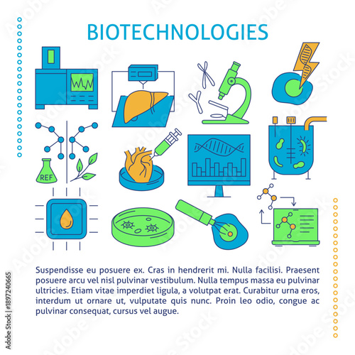 Medicine and pharmaceutics banner with biotechnology symbols