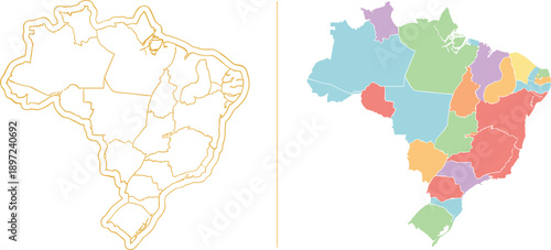 Brazil states map vector set with outlined borders and colorful regions geographic political illustration design
