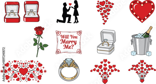 Valentine love and proposal icon collection isolated, romantic symbols set with hearts, ring boxes, couple, rose, engagement illustration