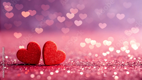 Romantic Red Hearts on Pink Glitter Background