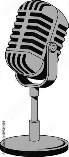 Vintage studio microphone illustration, retro audio recording equipment isolated on white background, classic broadcast music podcast technology concept design